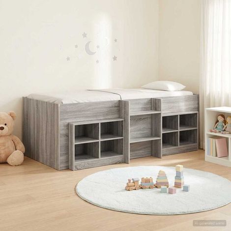 vidaXL Cadre de lit en loft avec armoire avec étagère 3 pc Sonoma gris (1/5)