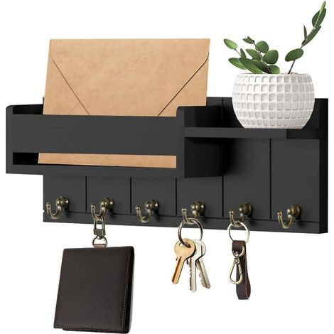 Portachiavi da parete, in legno, con 6 ganci, ideale per arredare soggiorni e ingressi in stile rustico country - Nero.