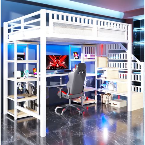 Lit mezzanine métal blanc 140x200 cm avec bureau, escalier de rangement, étagères, LED et ports USB (1/5)