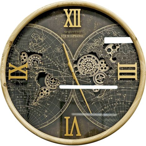 horloge murale décorative en bois et métal style hémisphère - bois naturel et noir or (1/3)