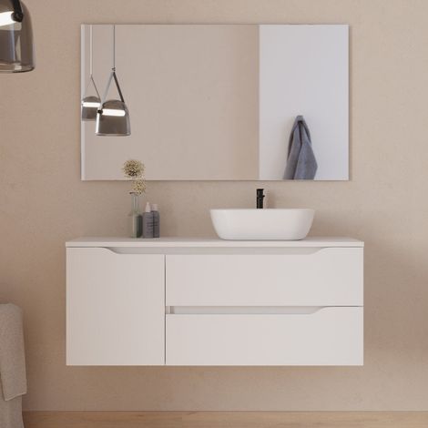 Meuble de salle de bain 120cm avec plateau, vasque à poser déportée à droite Zeus et miroir - 2 tiroirs et un placard - blanc - ZARZA