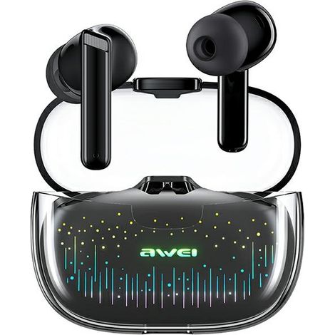 Auriculares Bluetooth TWS AWEI 5.3 con base de carga, color negro.
