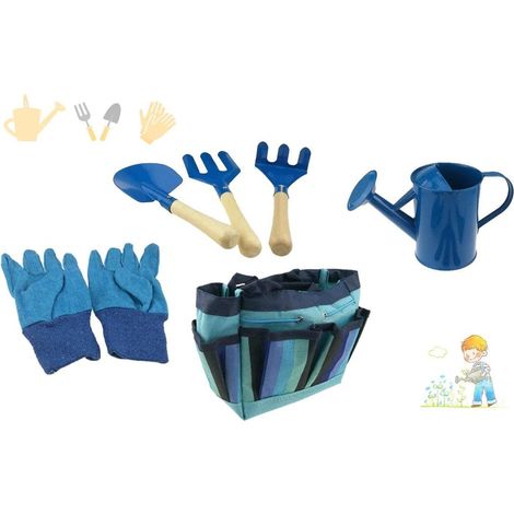 Kids Gardening Tool Set with Tote Bag Rake Fork Glove Kids Garden Toys (Blue)