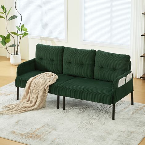 Divano dritto da 3 posti in velluto a coste (panno), schienale alto con tasca laterale e piedini a sedia in metallo, verde, 171x72x80 cm (1/5)