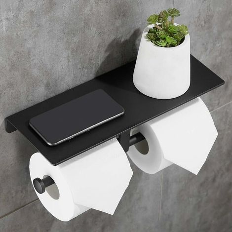 Double Roll Toilet Paper Holder Space Aluminum Wall Mounted Bathroom Paper Storage with Phone Holder Shelf Stand Shelf for Bathroom Kitchen (1/5)