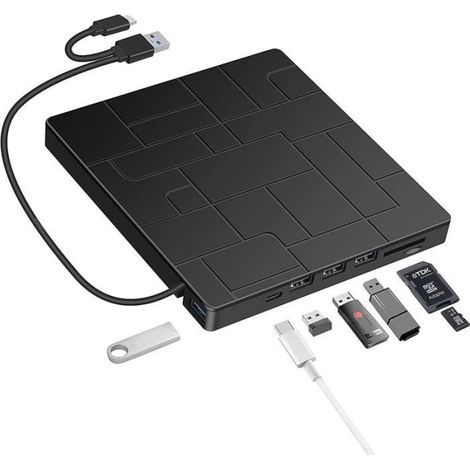 Lecteur CD/DVD Externe, Graveur DVD/CD Externe USB 3.0 et Type-C, avec Lecteur de Carte SD/TF et de USB, Lecteur CD/DVD 7 en 1 (1/4)