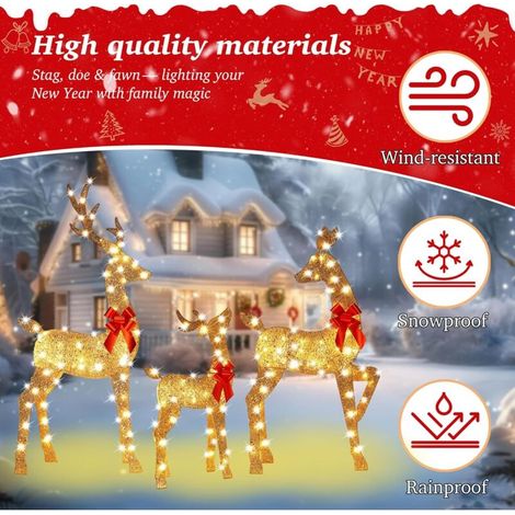 Andyou – Outdoor Christmas Decorations – Light-Up Reindeer Family – Weatherproof LED String Lights – 3-Piece Set