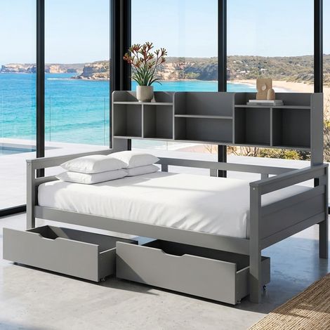 Audreamy Alder Wooden Bed Grey Single with Storage (1/5)
