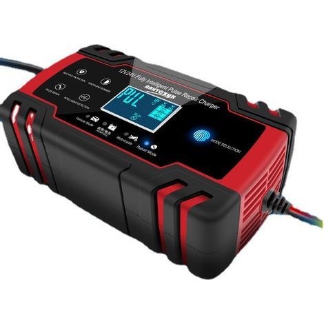 12V/24V 8A Intelligentes Batterieladegerät, tragbares Batterieerhaltungsgerät und automatische Reparaturfunktion mit LCD-Bildschirm, für Auto, Motorrad, LKW, AGM, Gel, Nass, SLA (Schwarz/Rot) (1/5)