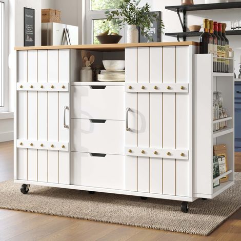 Desserte de cuisine mobile avec rangement, îlot roulant avec plateau extensible, portes coulissantes, tiroirs, porte-épices et porte-serviettes blanc (1/5)