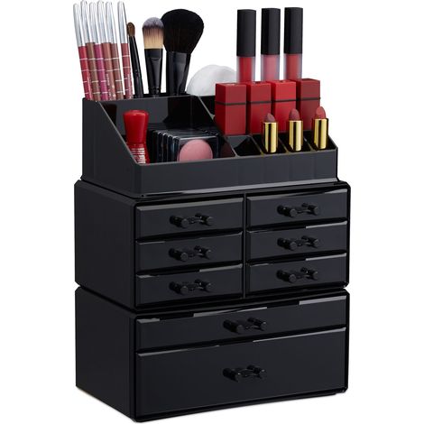 2 x Make Up Organizer mit Schubladen, stapelbarer Schmuckkasten für Make Up, Acryl Schminkaufbewahrung, schwarz