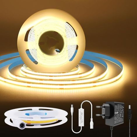 warm white COB LED strip, dimmable (2700 K), color rendering index (CRI) 92+, high density, 8 mm width, suitable for furniture, ceilings, televisions, kitchen, living room and DIY projects. (1/5)