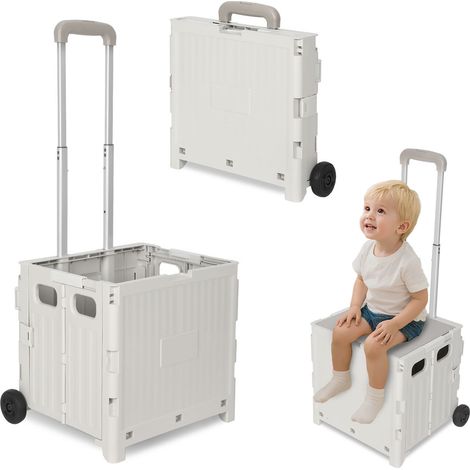 Jiubiaz Carrello spesa pieghevole 45L con coperchio, 2 ruote, trolley box per spesa e casa, bianco