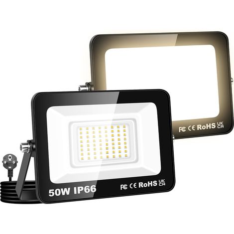 2PCS Projecteurs LED Extérieur Avec Prise, Spot LED 50W 5000LM, 3500K Blanc Chaud, IP66 Etanche Eclairage Lumière de Sécurité pour Jardin Patio Garage Terrasse Maison (1/5)