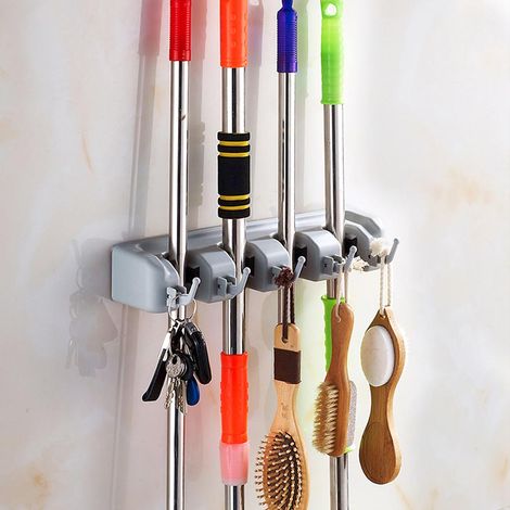 Support mural de rangement pour balai et serpillière de cuisine (4 positions et 5 crochets) (1/5)