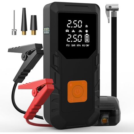 Tragbarer Luftkompressor (150 PSI) mit 6400-mAh-Akku, 12-V-Starthilfe, 18-W-Powerbank, Reifenfüller mit LCD-Display und LED-Leuchte für Auto, Motorrad und Fahrrad
