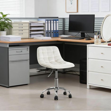 Silla de oficina de terciopelo blanco crema, giratoria 360°, altura regulable 40-47,5 cm, 43x50 cm (1/5)