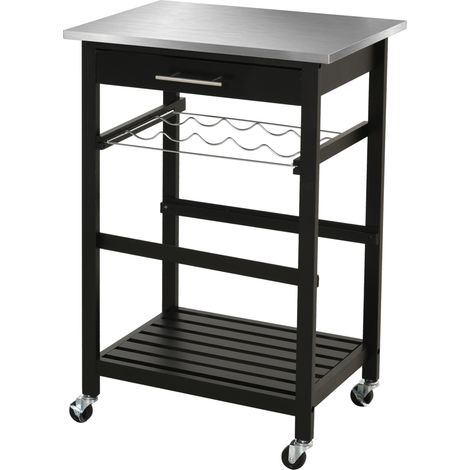 Chariot de service desserte cuisine étagère bouteille plateau acier inox noir 60x40x85 cm (1/5)