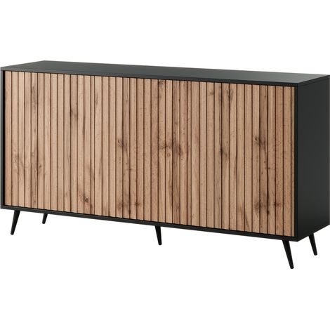 Selsey Bello - Sideboard mit Lamellenfronten - 154 cm - Schwarz / Wotaneiche