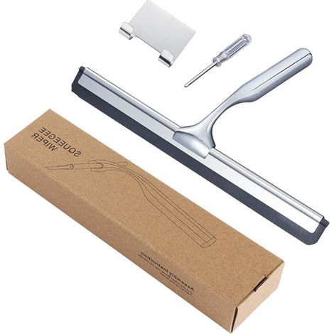 Raclette Douche, 25.6cm Essuie-Glace de Douche en Acier INOX, Raclette Salle de Bain avec Crochet Collant, sans Perçage, Ergonomique, Convient pour Salle de Bain, Cuisine, Miroir, Fenêtre (1/5)