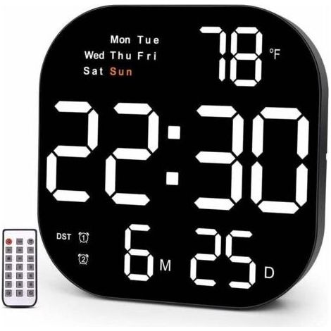 Grande horloge murale, horloge murale numérique 10,55" affichage LED, jour de la semaine, date, heure d\'été, minuterie, température, 12/24h, horloge pour salon, bureau à domicile (1/5)