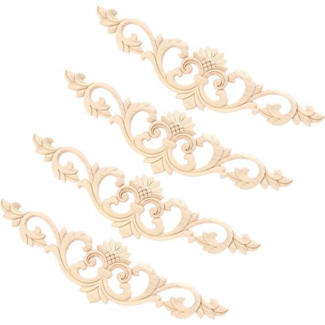 Lot de 4 appliques décoratives en bois sculpté non peint, 30 x 8 cm, pour jardin, clôture ou mobilier. (1/5)
