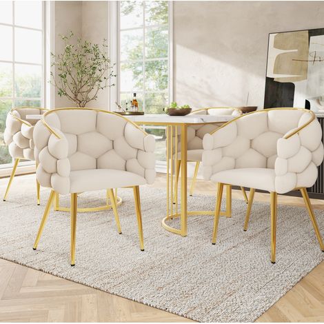 Conjunto de comedor MDF blanco efecto mármol con 4 sillas de terciopelo beige y patas metálicas doradas, mesa 140x80 cm (1/5)