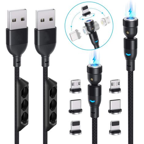 Câble de charge magnétique Gen2 540° en nylon tressé, charge rapide 3 A, câble de données magnétique universel 3 en 1, chargeur magnétique pour téléphone compatible avec micro USB, USB-C et appareils  (1/5)