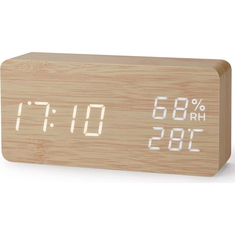 Réveil cube numérique en bois avec affichage LED de la température, 12/24 h, 3 niveaux de luminosité ajustable, et port USB (rectangulaire, couleur bois) (1/5)