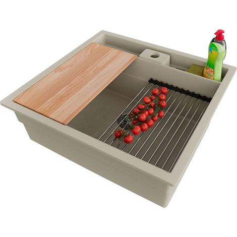 PRIMAGRAN Evier Sous Plan 56x54cm,Evier en Granit 1 bac + Kit de Vidage + Accessoires, Évier au meuble 60cm - Bergen Pocket, Beige