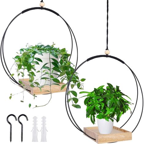 Lot de 2 pots de fleurs suspendus en macramé avec base en bois, hauteur 93 cm, pour l'intérieur avec socle en bois, anneau en métal et boucle de suspension, jardinières suspendues pour murs et (1/5)