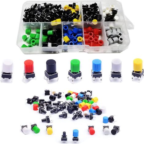 105 pièces (6 x 6 x 9mm) Interrupteurs à bouton-poussoir tactiles, Kit d'assortiment d'interrupteurs, bouton-poussoir momentanés à 4 broches, Tactile Bouton-Poussoir, pour Arduino (1/5)