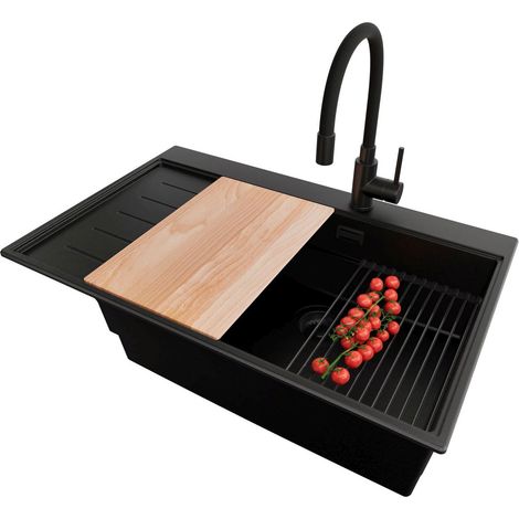 PRIMAGRAN Evier Cuisine en Granit 78x50cm,Lavabo 1 bac + Robinet 40x38cm + Kit de Vidage + Accessoires, Évier à Encastrer au meuble 60cm - Sydney, Tout Noir (1/5)