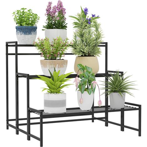 Intérieur et extérieur : optimisez l'ensoleillement avec ce porte-plantes en métal noir 3 niveaux en escalier grillagé (1/5)