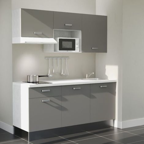 Kitchenette K30L-PT - 180 cm avec plan de travail et évier - Façade Gris - Plan Blanc - Crédences Non