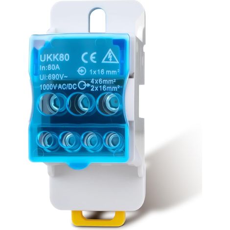 Boîte de distribution de bloc de borne de 1pcs 80A 1 en 6 sortie, boîte de distribution de blocs de borne de rail Din Shell bleu (1/5)