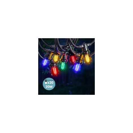 Guirlande lumineuse guinguette 20 m avec 20 ampoules filament E27 multicolore (rouge, bleu, jaune, vert) – décoration extérieure fête (1/5)