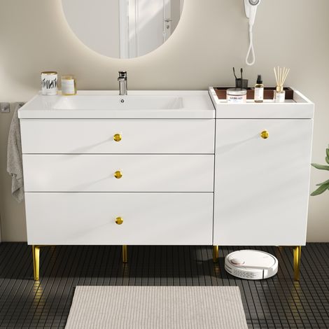 Meuble sous vasque 120x47,5x80 cm avec lavabo en céramique, rangements et tiroirs, MDF blanc et métal doré (1/5)