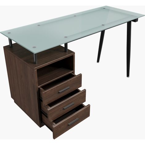 Bureau moderne 130x50x75 cm avec plateau en verre trempé, structure en acier, 3 tiroirs et étagère ouverte, finition marron (1/5)
