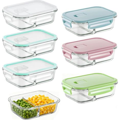Lot de 6 Boite de Conservation Alimentaire avec Couvercle, 640 ml Boite Conservation Verre avec 2 Compartiments, Meal Prep Containers Compatible Micro-Ondes, Four, Congélateur, Lave-Vaisselle (1/5)
