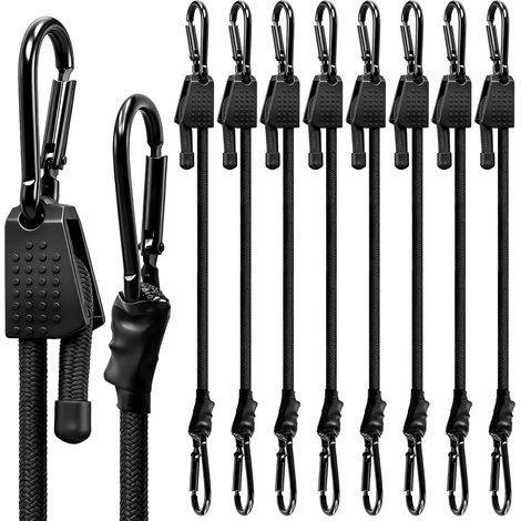 Juego de 8 cuerdas elásticas ajustables de goma con mosquetones, negras, 100 cm, con mosquetones, fabricadas en goma extra resistente, para toldos, coches y actividades al aire libre. (1/5)