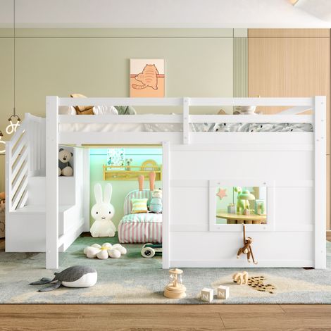 Lit mezzanine enfant 140x200 avec escalier rangement fenêtre LED pin MDF blanc