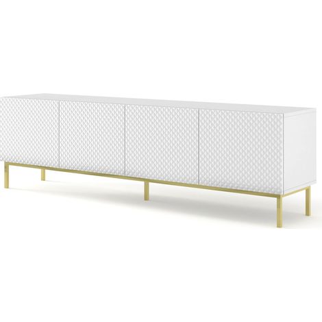 Meuble TV meuble Hi-fi sur pied Blanc Mat 200x42x58cm RAVI C DIAMANT Pied Cadré or (1/3)