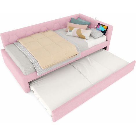 Lit gigogne 90 x 200 cm en tissu bouclette rose, avec lumière de chevet, ports USB et Type-C, sommier inclus, sans matelas - CHICFURN (1/5)