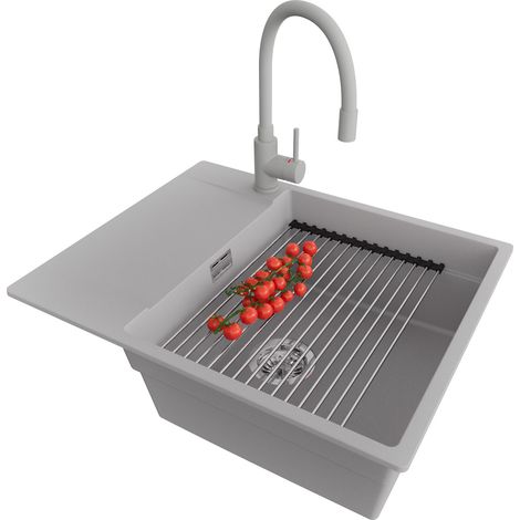 PRIMAGRAN Evier Cuisine en Granit 62x50cm, Lavabo 1 bac + Robinet 38x14cm + Kit de Vidage + Accessoire, Évier à Encastrer au meuble 50cm - San Francisco, Gris (1/5)