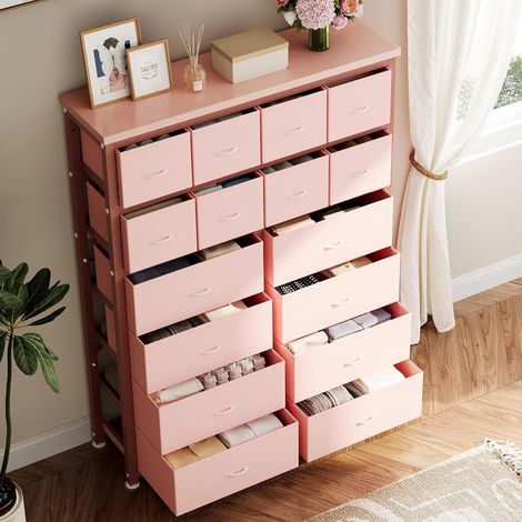 Commode d'entrée 16 tiroirs tissu – Meuble de rangement multifonction moderne pour chambre, salon, entrée, bureau – Structure acier stable, gain de place – Rose (1/5)