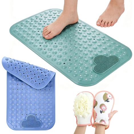 Alfombrilla de ducha antideslizante, alfombrilla de baño antideslizante de 2 piezas (70x40 cm) con ventosas y orificios de drenaje, material TPE (con guante de baño). (1/5)