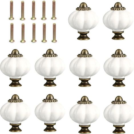 10 Pièces Citrouille Bouton de Meuble Blanc, 30 mm Poignée Meuble avec Vis de Montage, Bouton Tiroir en céramique et Alliage de Zinc, aux Meubles de Cuisine, de Chambre et de Salon (1/4)