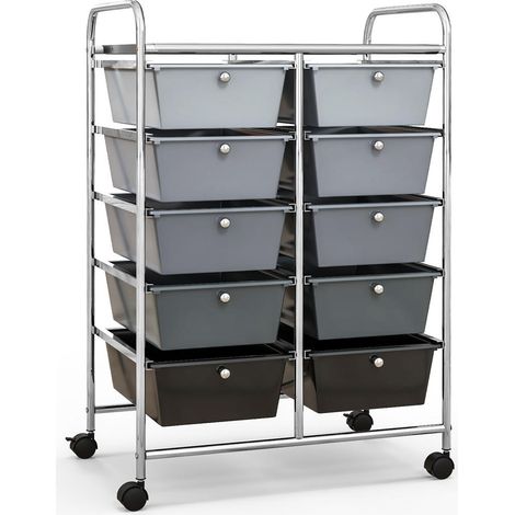 Montage facile, chariot de rangement à 10 tiroirs sur roulettes, desserte mobile grise pour maison et bureau (1/5)