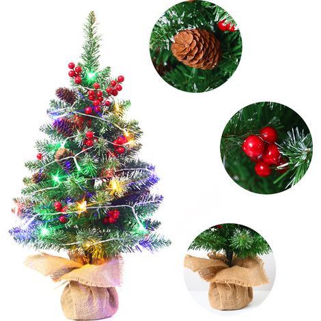 Mini sapins de Noël de 24 pouces fonctionnant à piles, arbre de table artificiel pré-éclairé avec guirlande lumineuse colorée, baies, pommes de pin, ornements pour table à manger, bureau, décorations  (1/5)